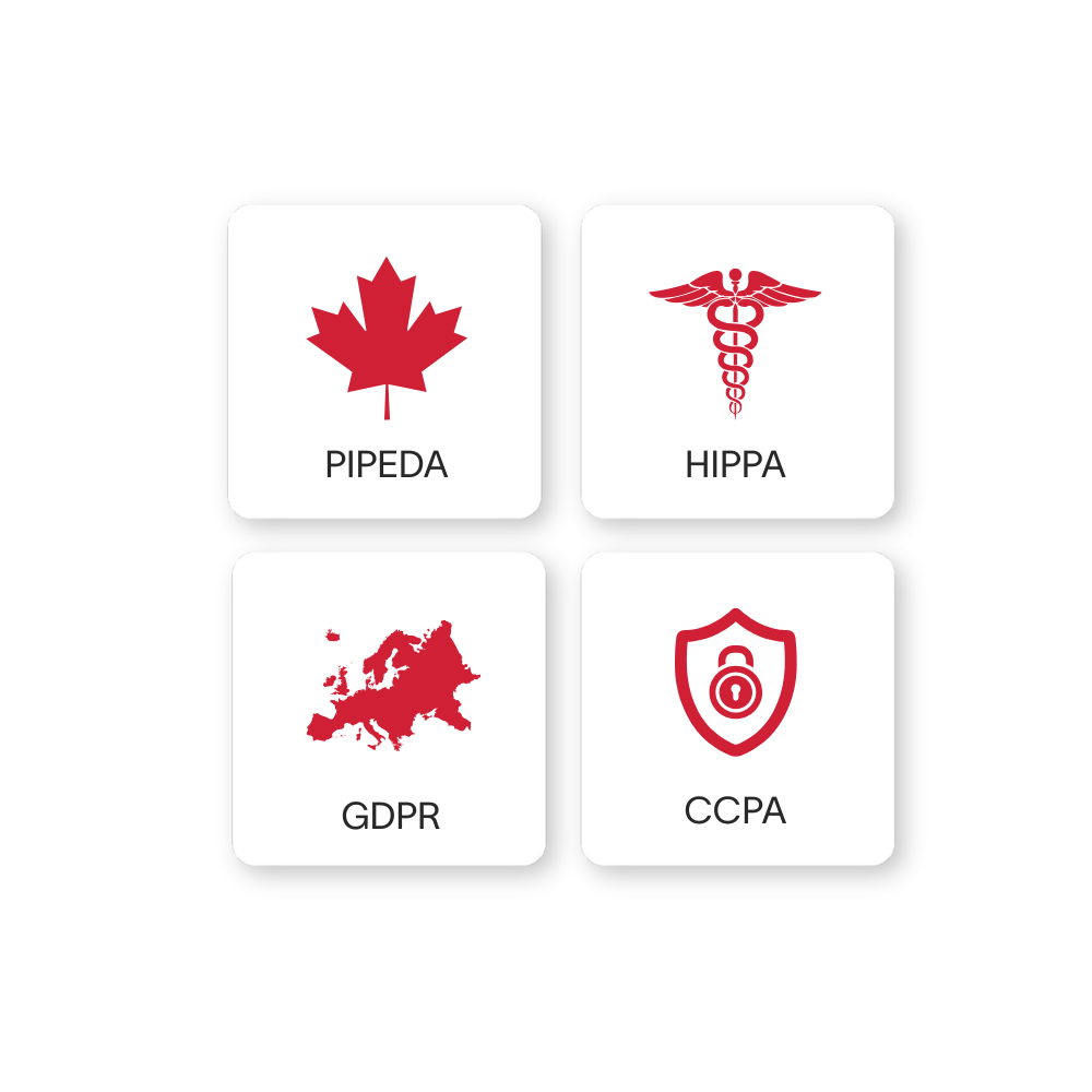Comprehensive Data Governance Audits hero in colour Four logos for different compliance audits: PIPEDA, HIPPA, CCPA, GDPR, GG