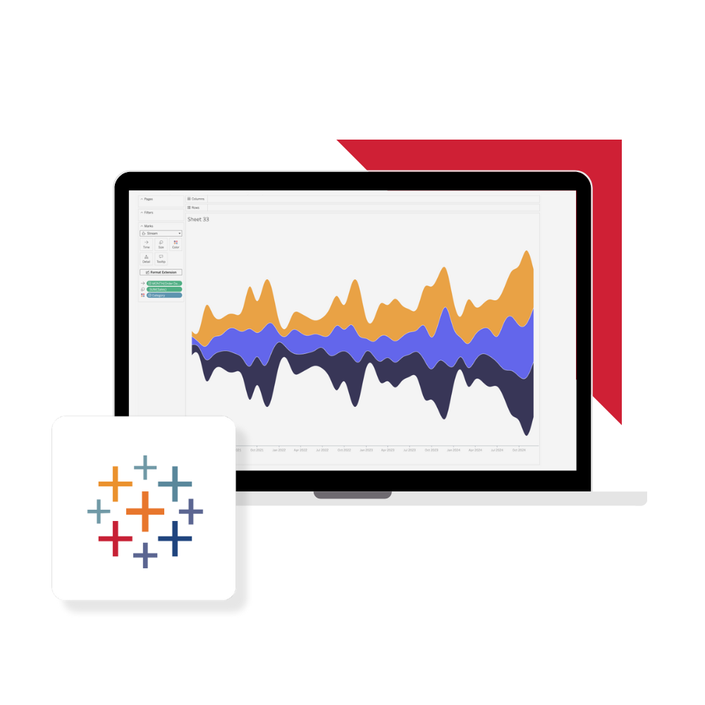 Tableau Data Visualization Services Hero in colour Desktop with tableau dashboard with Tableau Logo in the corner