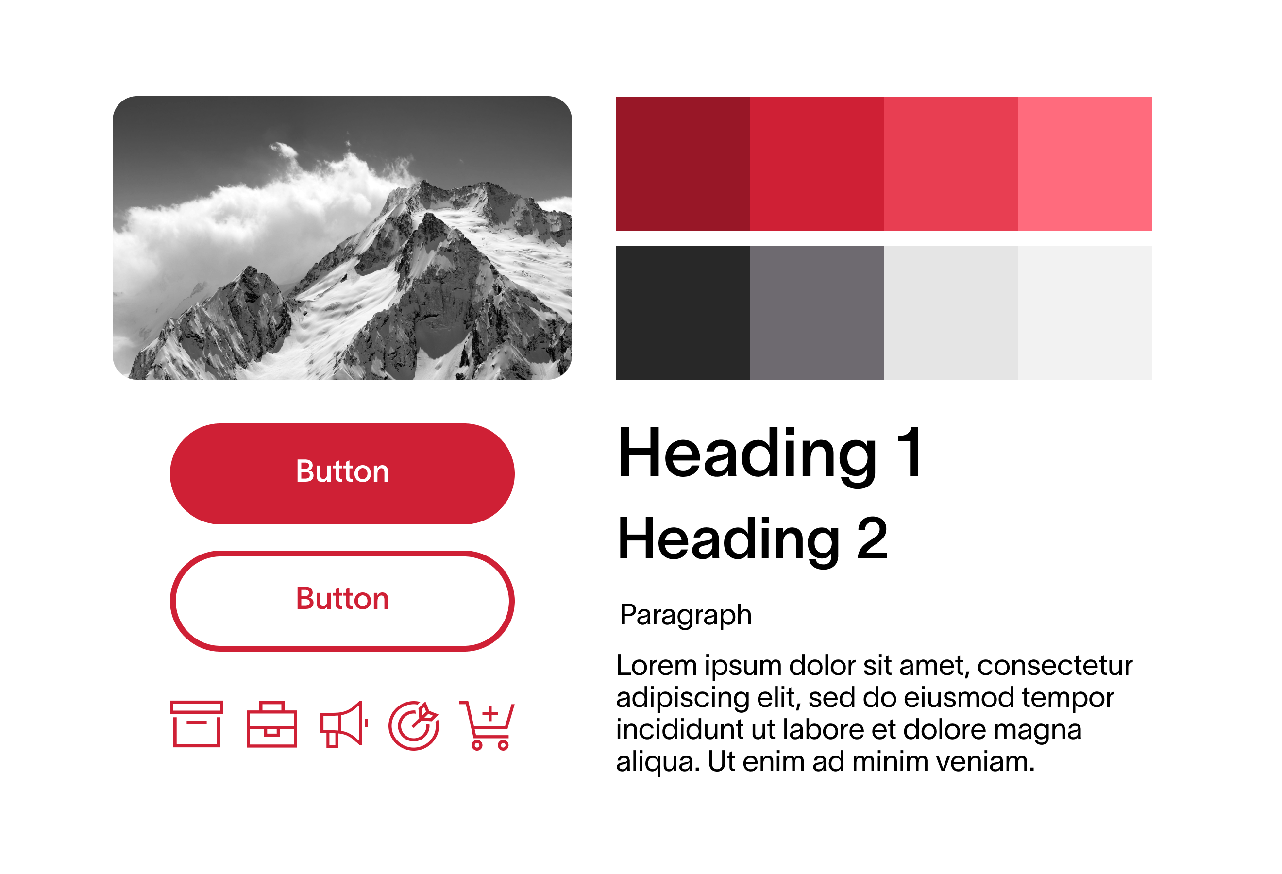 UX Solutions - Design Systems A collection of webpage components including: images, buttons, icons, headings, and body text.