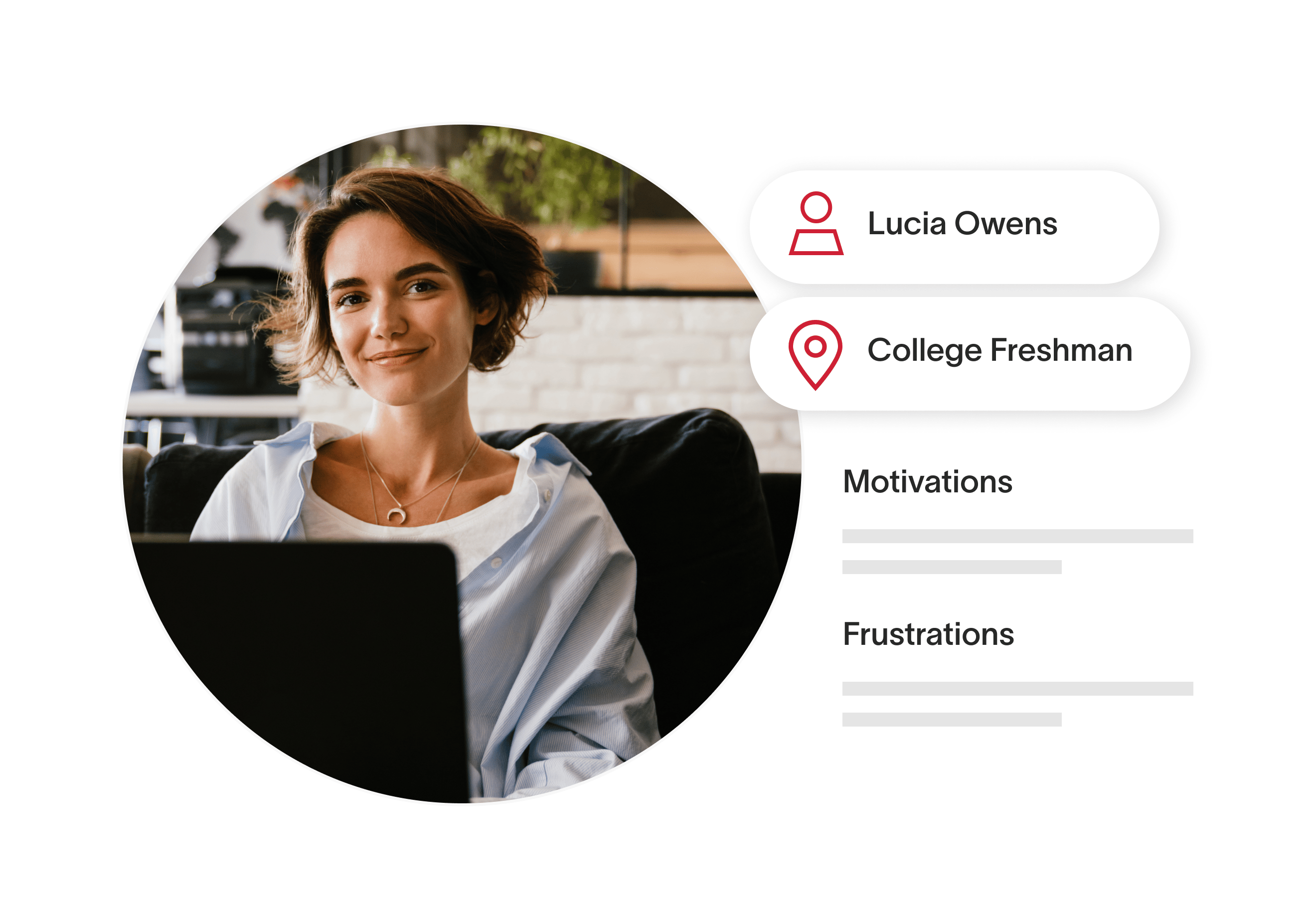 UX Solutions - User Research Hero Name, occupation, motivations, and frustrations bubbles next to a Woman smiling while working on laptop