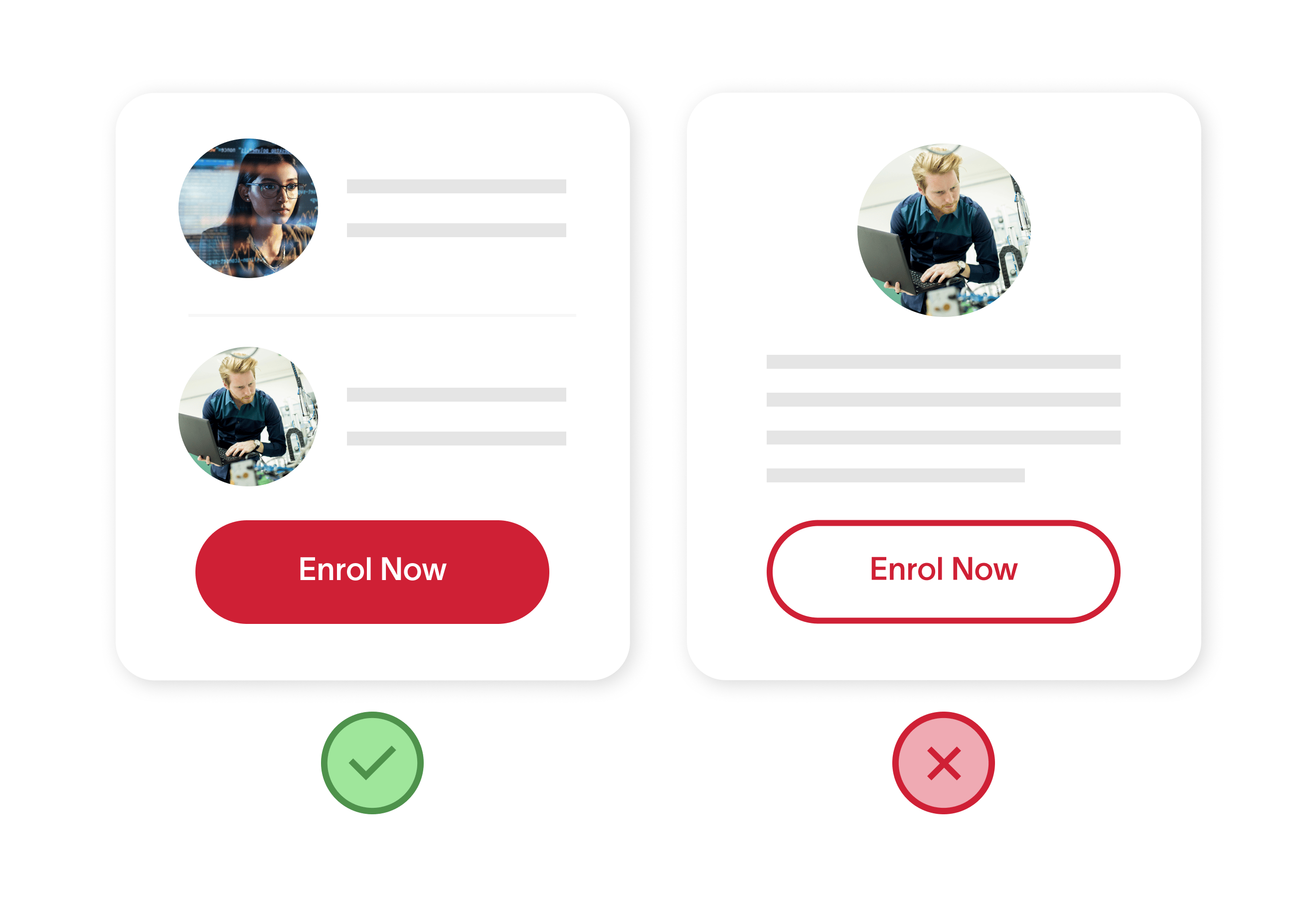 UX Solutions - User Testing Two different clickable CTAs one marked with a green checkmark and the other a red x