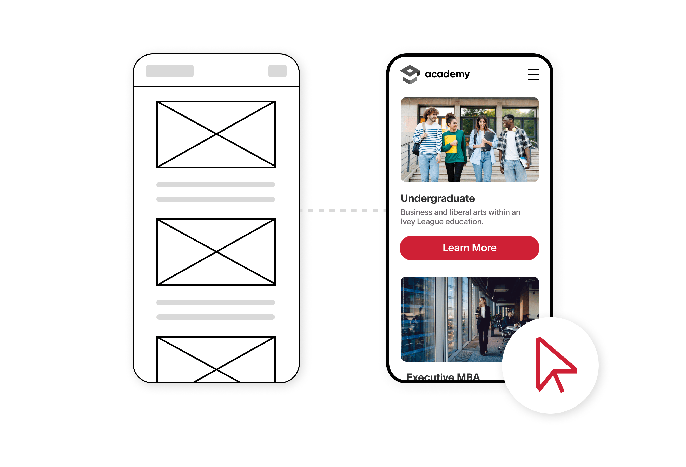 UX Solutions - Wireframing and Prototyping Hero Two images side-by-side of a a site mobile. One, of a rough black-white-outline, and the other a fully finished in-colour version