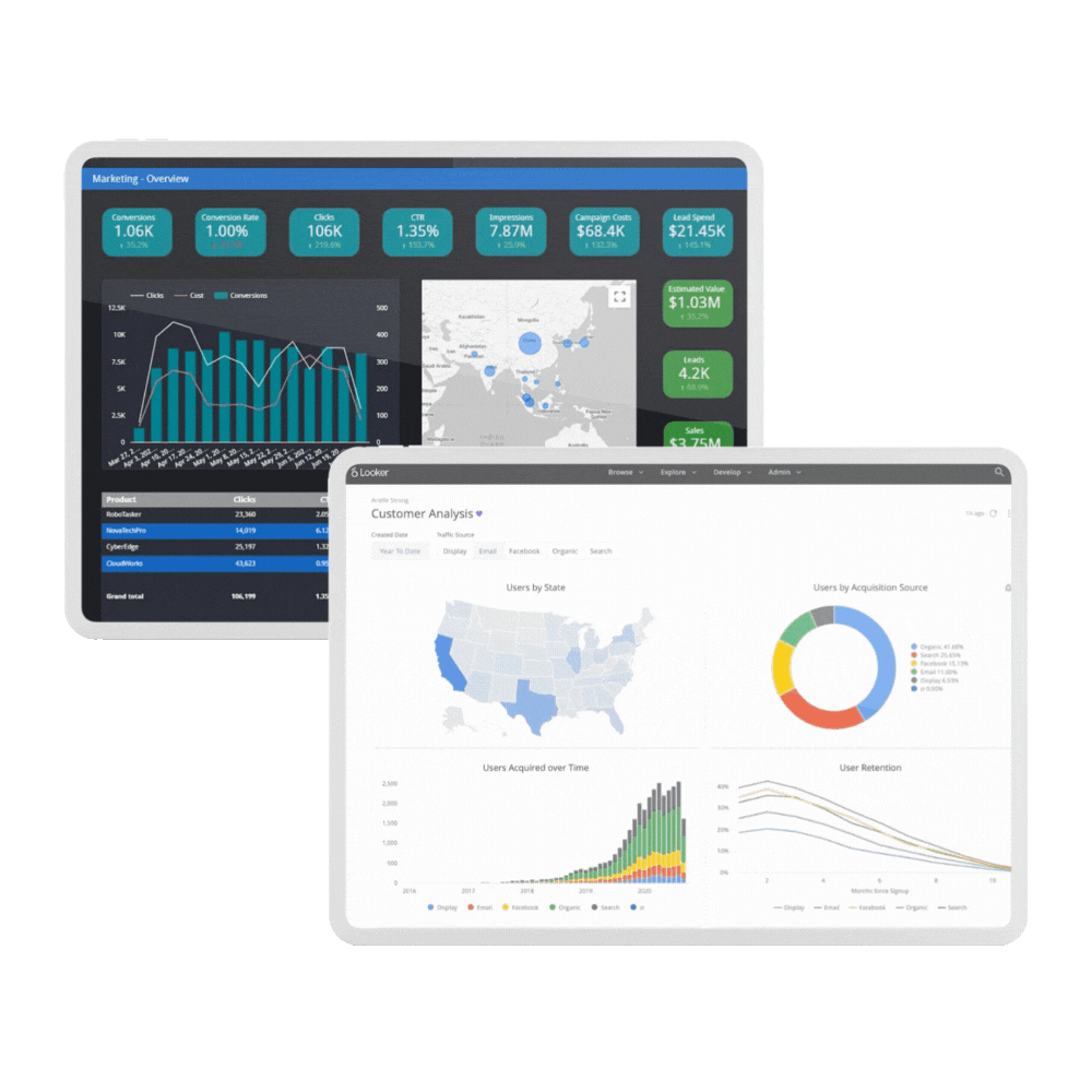 Data Visualization Solutions Hero in colour Data visualization dashboards displaying a map and pie chart