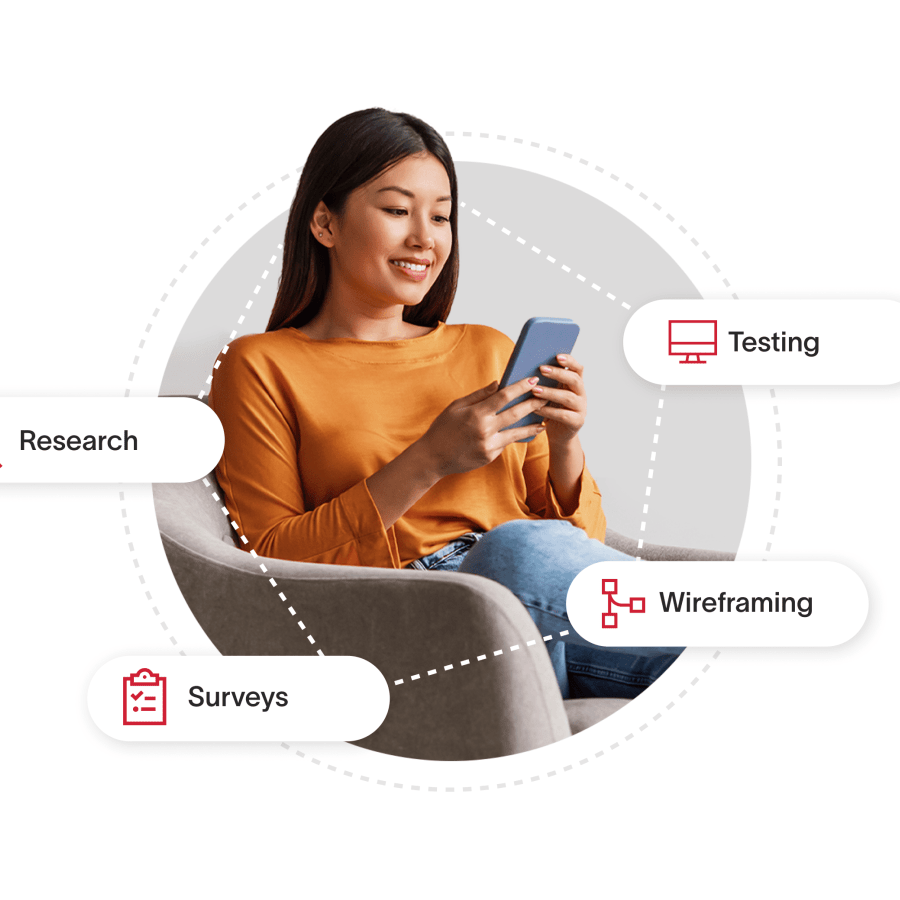 Woman sitting in a chair looking at her phone with bubles around her saying: Research, Surveys, Teting, and