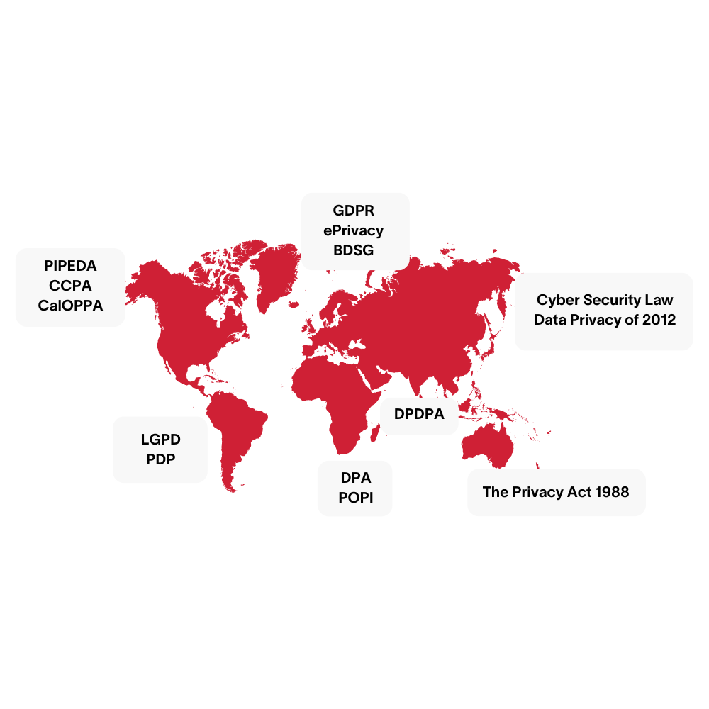 Advanced Data Governance for Smarter Compliance and Decision-Making hero in colour Map of the world with arrows pointing to compliance requirements based on country