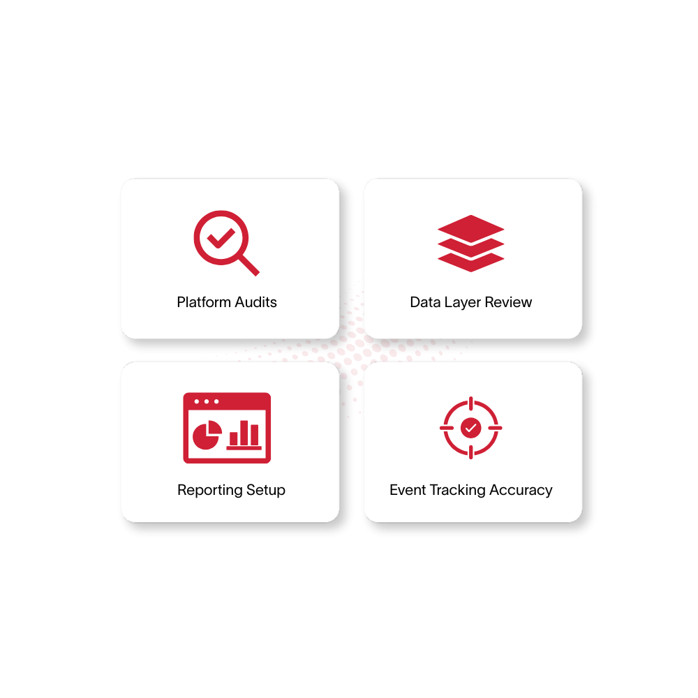 In-Depth Analytics Audits hero in colour Logos for Platform Audits, Data Layer Review, Reporting Setup, and Event Tracking Accuracy