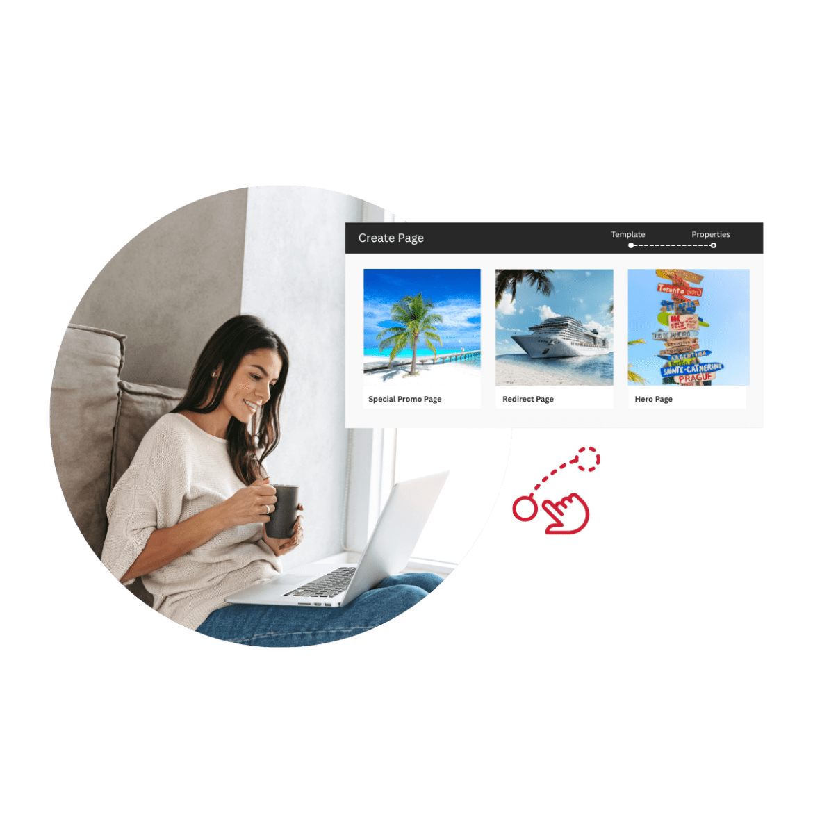 Why Adobe Experience Manager Sites? Hero in colour Woman on laptop with mug looking at vacation options