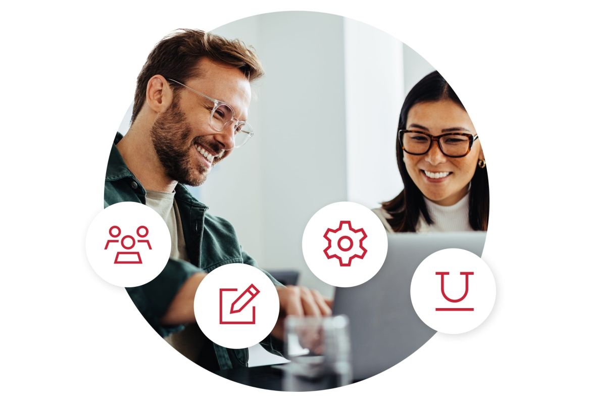 UX Solutions Page - Training Hero Icons overlaying a two people smiling as they work collaboratively on a laptop