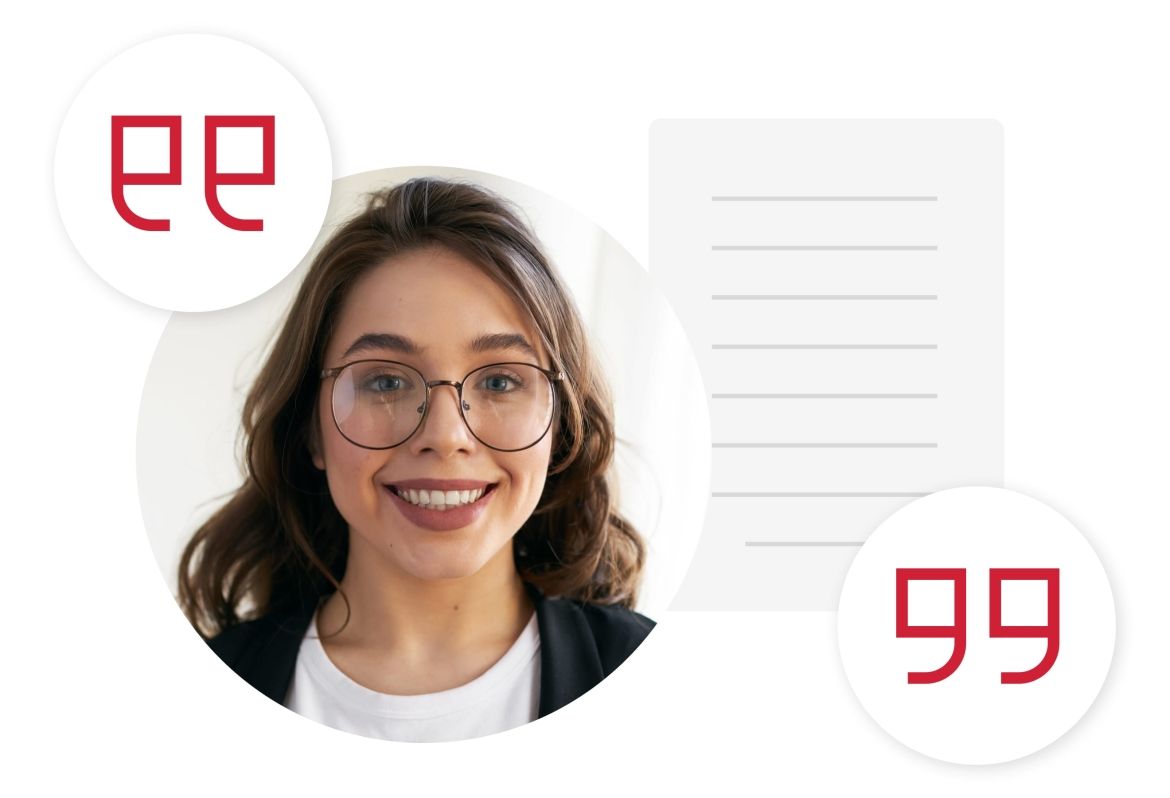 UX Solutions Page - Voice and Tone Hero Woman wearing glasses with quotation marks on either side of her