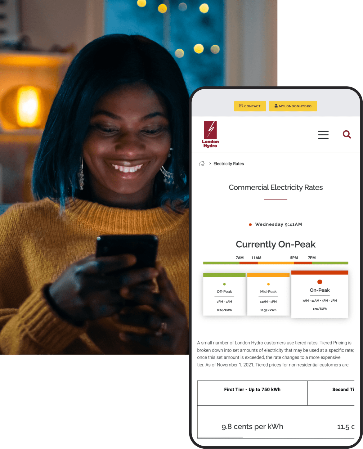 London Hydro website on mobile with girl looking at phone