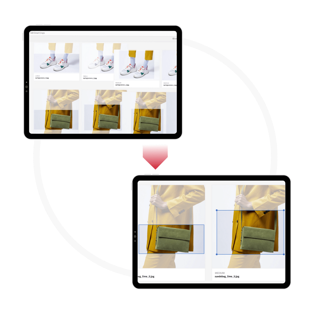 DAM: Scalable DAM Support for Long-Term Success Hero in colour website with handbags and socks pointing to more zoomed in version of the site zoomed in on the handbags and displaying their dimensions